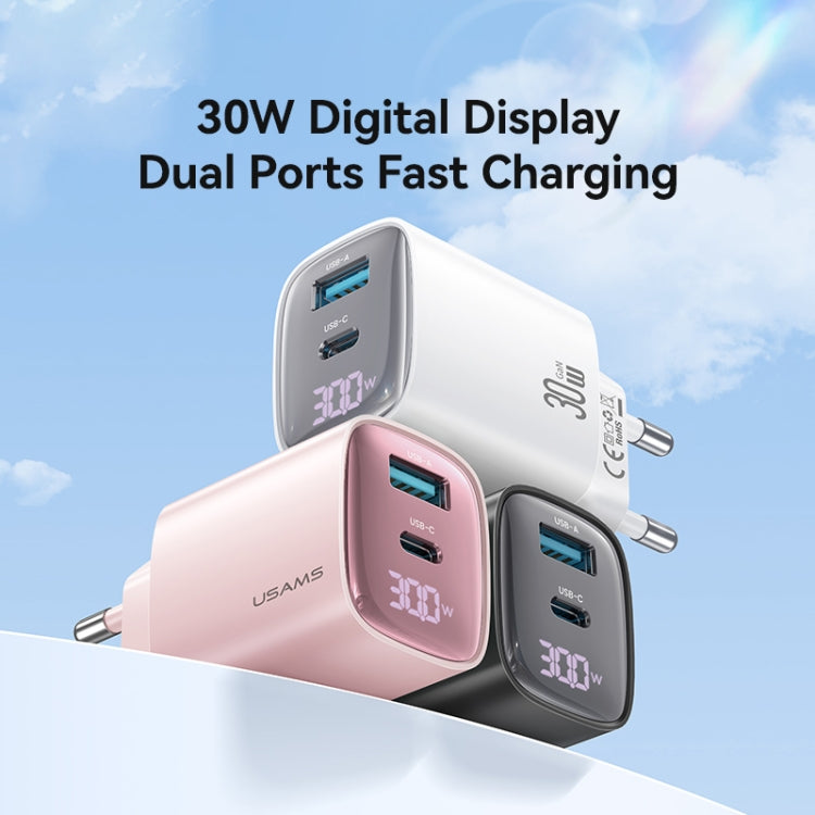 USAMS 30W GaN Dual Port Charger | USB-C + USB-A, PD3.0/QC3.0, Digital Display, EU Plug