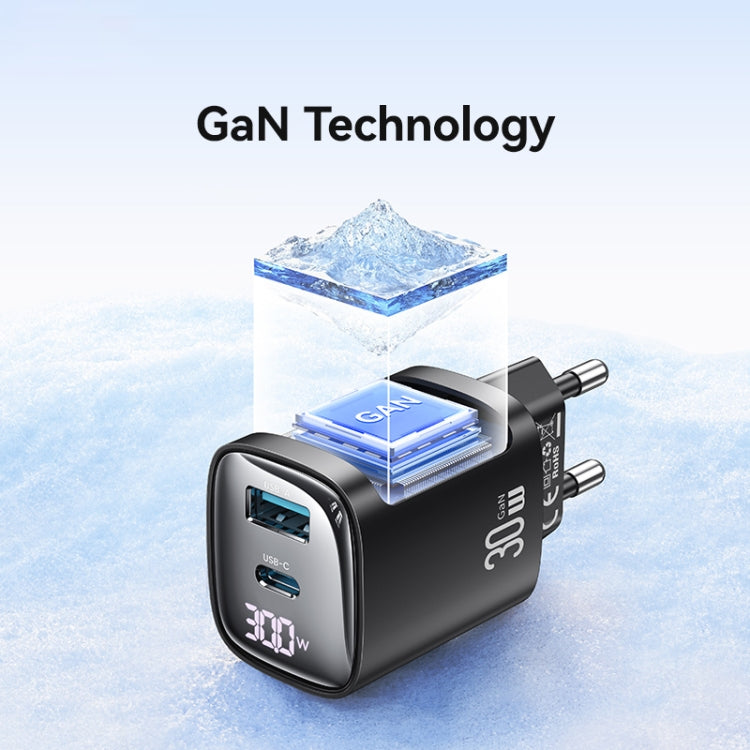 USAMS 30W GaN Dual Port Charger | USB-C + USB-A, PD3.0/QC3.0, Digital Display, EU Plug
