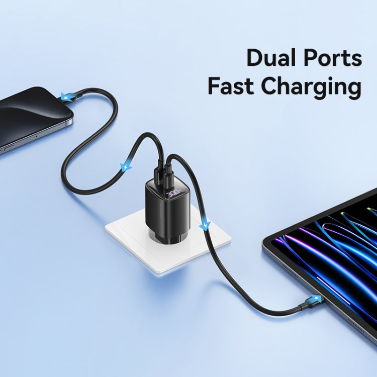 USAMS 30W GaN Dual Port Charger | USB-C + USB-A, PD3.0/QC3.0, Digital Display, EU Plug