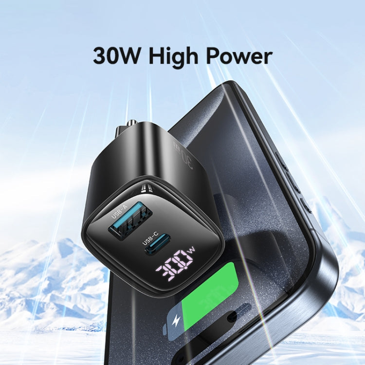 USAMS 30W GaN Dual Port Charger | USB-C + USB-A, PD3.0/QC3.0, Digital Display, EU Plug