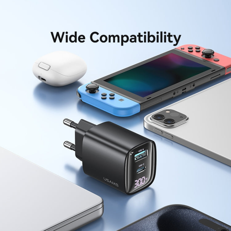 USAMS 30W GaN Dual Port Charger | USB-C + USB-A, PD3.0/QC3.0, Digital Display, EU Plug