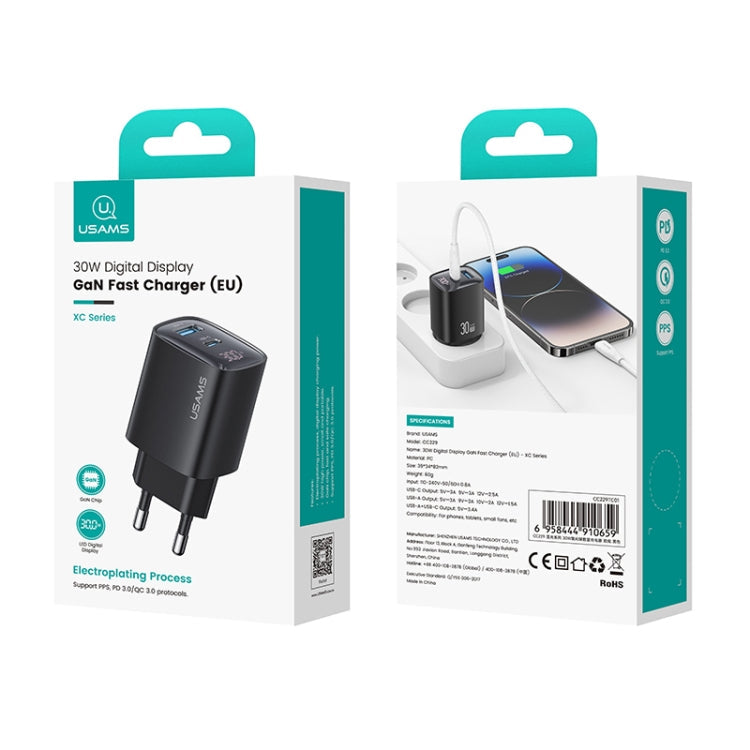 USAMS 30W GaN Dual Port Charger | USB-C + USB-A, PD3.0/QC3.0, Digital Display, EU Plug