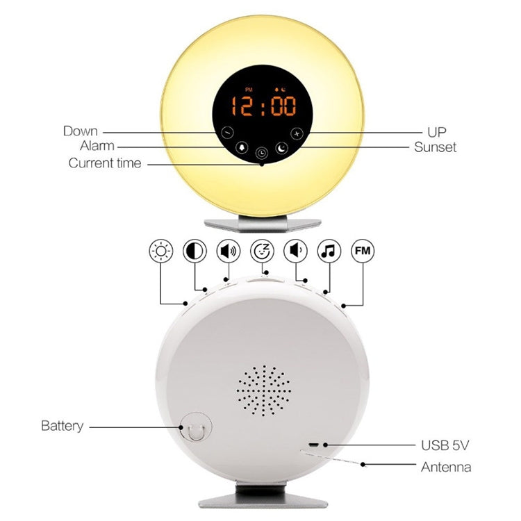 Sunrise Wake-Up Light Alarm Clock | FM Radio, 7 Alarm Sounds, Touch Control, USB
