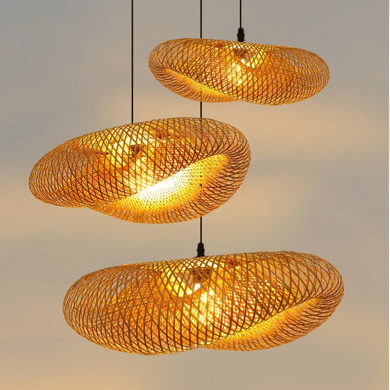 Bamboo Hand Weaving Pendant Light 40cm Hanging LED Ceiling Lamp Chandelier Fixture Rattan Hand Craft Woven Home Bedroom Decor