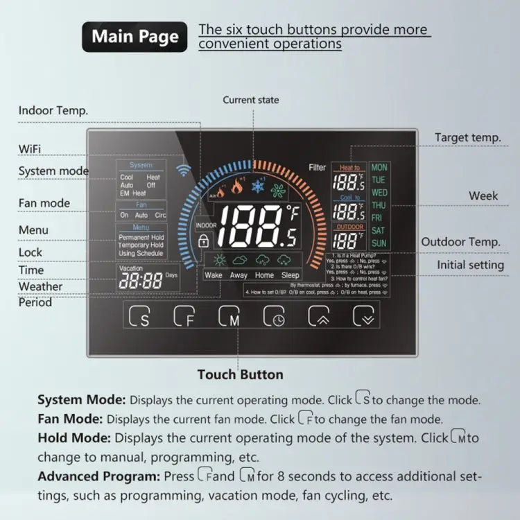 BHP-8000-WIFI-SS 3H2C Smart Home Heat Pump Round Room Brushed Mirror Housing Thermostat with WiFi, AC 24V, with WiFi