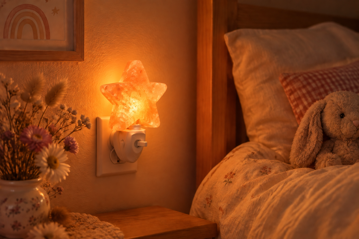 Orange Himalayan salt star night light glowing warmly in a cozy bedroom