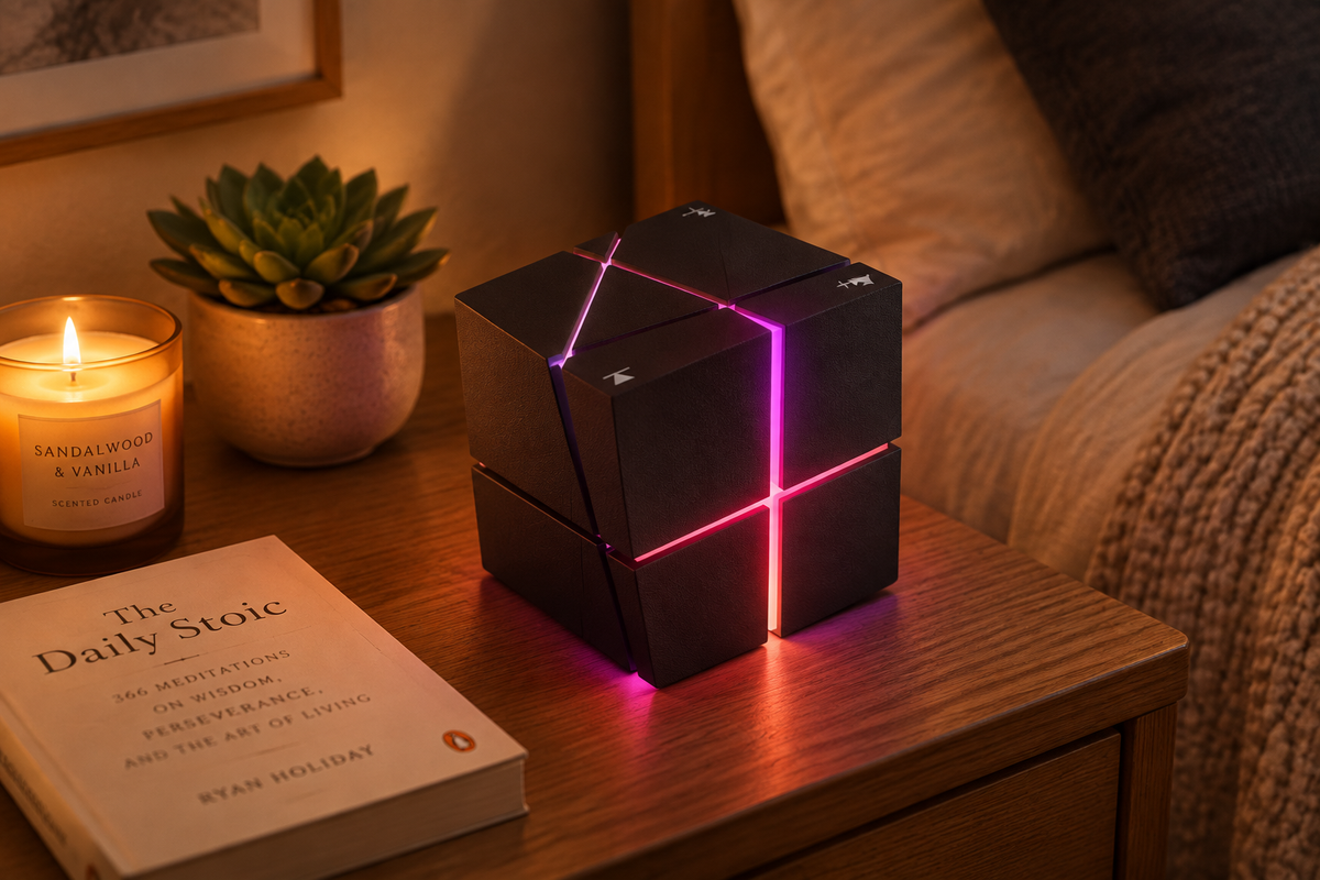 Black cube Bluetooth speaker with soft pink and purple RGB glow on a wooden bedside table with candle, succulent and book