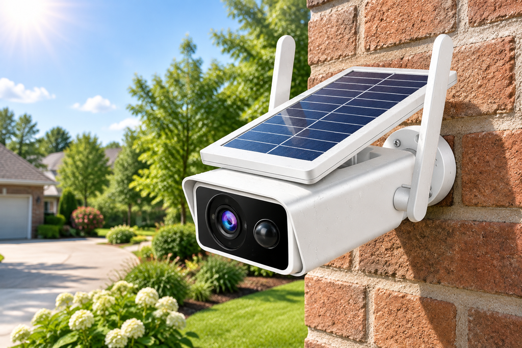 White solar powered outdoor WiFi security camera mounted on brick wall overlooking garden and driveway