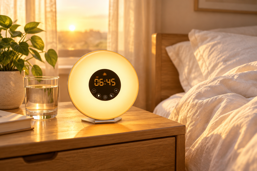 Sunrise wake-up light alarm clock glowing warm amber on a wooden bedside table with white linen, a glass of water and a small plant