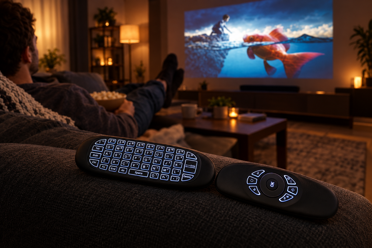 Black wireless air mouse remote with backlit keyboard on a sofa armrest with a movie projected on the wall in a cozy living room