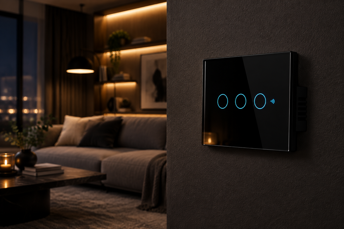 Black glass 3-gang smart WiFi wall switch with blue glowing touch buttons on a dark wall in a modern minimalist living room