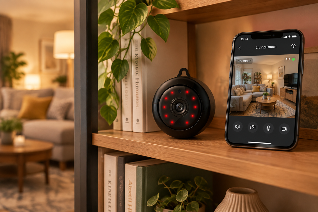 V380 mini black round WiFi camera on a bookshelf in a modern living room with smartphone showing live feed