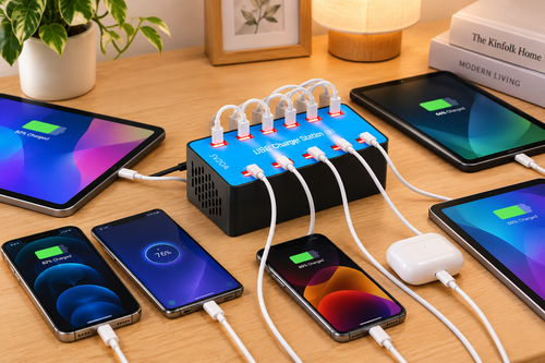 Blue top 10-port USB charging station with multiple phones and tablets plugged in on a tidy home desk