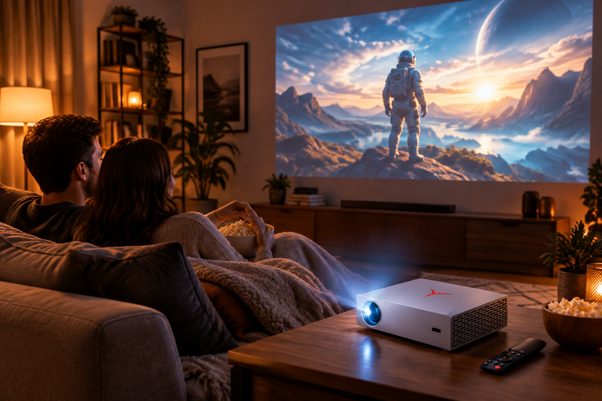 Silver VIVIBRIGHT F40 projector projecting a large movie onto a white wall in a cozy darkened living room with a couple on a sofa