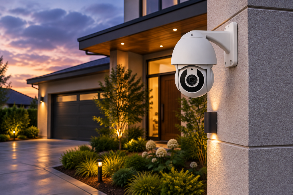 NEO white dome PTZ security camera mounted on home exterior corner overlooking driveway at dusk
