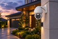 NEO white dome PTZ security camera mounted on home exterior corner overlooking driveway at dusk