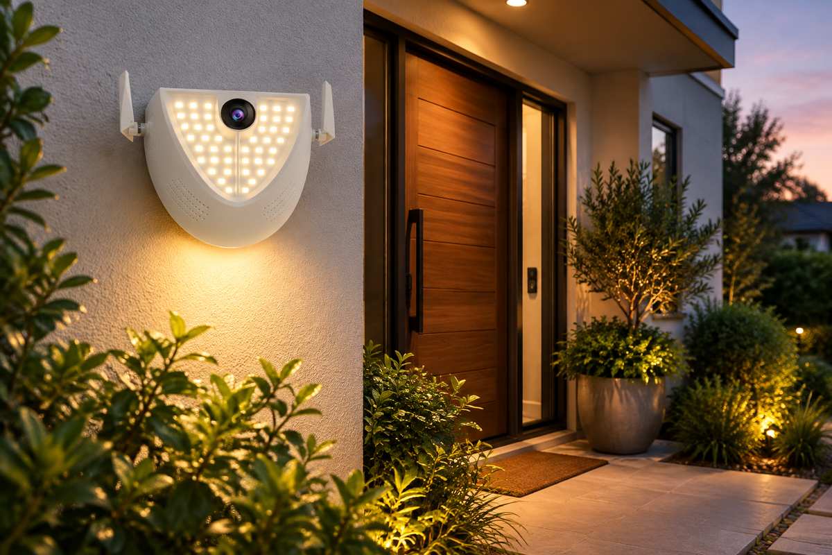 SmartGuard garden light camera mounted on exterior wall at dusk, LEDs glowing, surrounded by plants