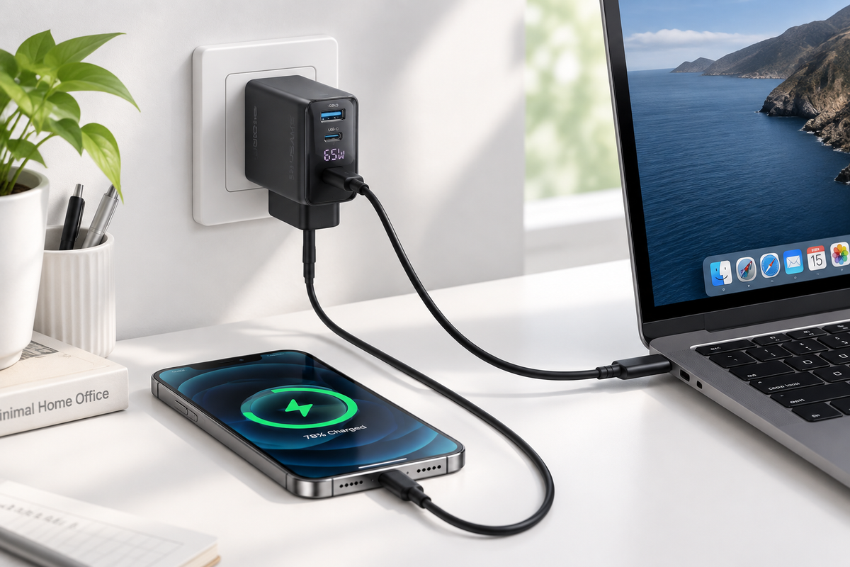 Black GaN dual port USB wall charger with digital display plugged into wall socket on a clean white desk with a smartphone and laptop charging nearby