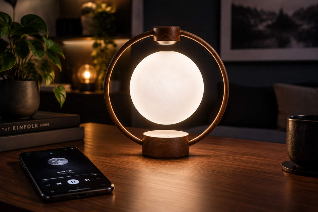 Dark pattern moon Bluetooth speaker with dark walnut wood ring frame and white glowing sphere floating on a minimalist modern desk
