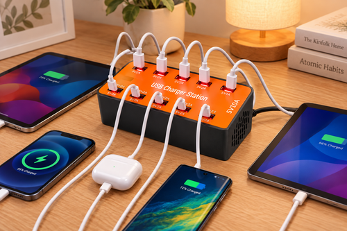 Orange top 10-port USB charging station with multiple phones and tablets plugged in on a tidy home desk