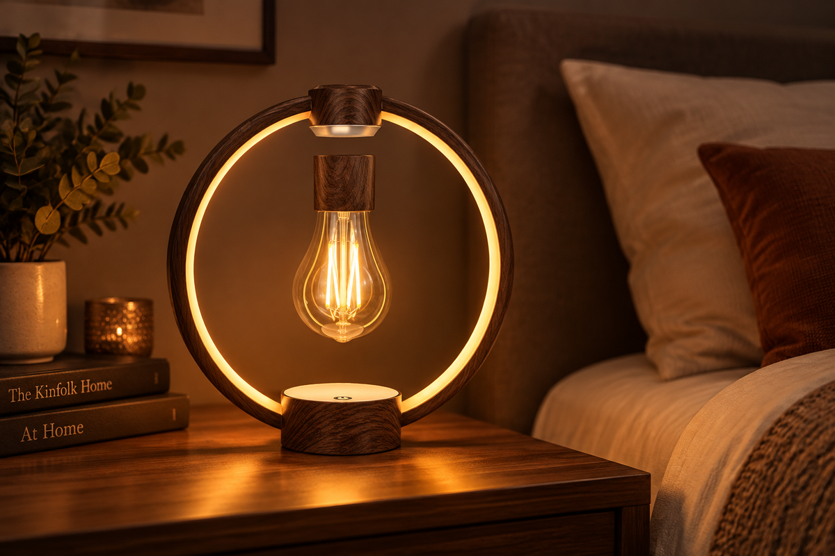 Magnetic levitation lamp with dark wood circular frame and floating warm Edison bulb on bedside table in cozy bedroom