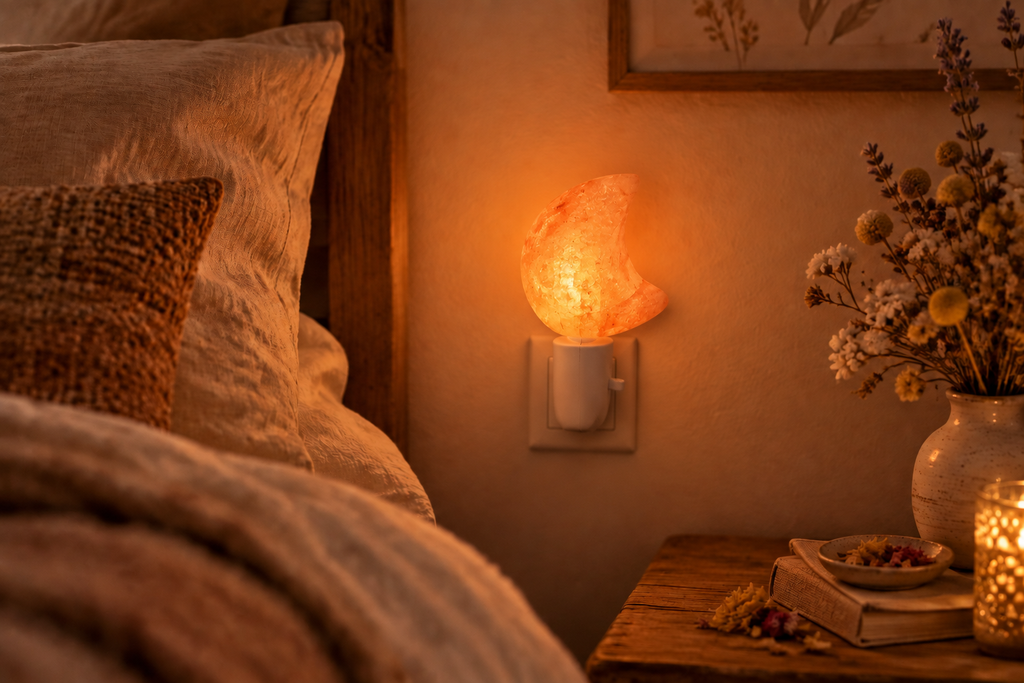 Orange Himalayan salt moon night light glowing warmly in a cozy bedroom