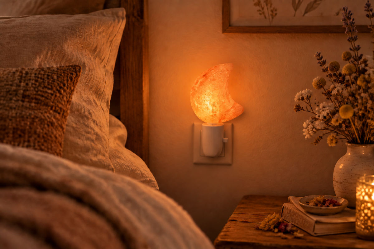Orange Himalayan salt moon night light glowing warmly in a cozy bedroom