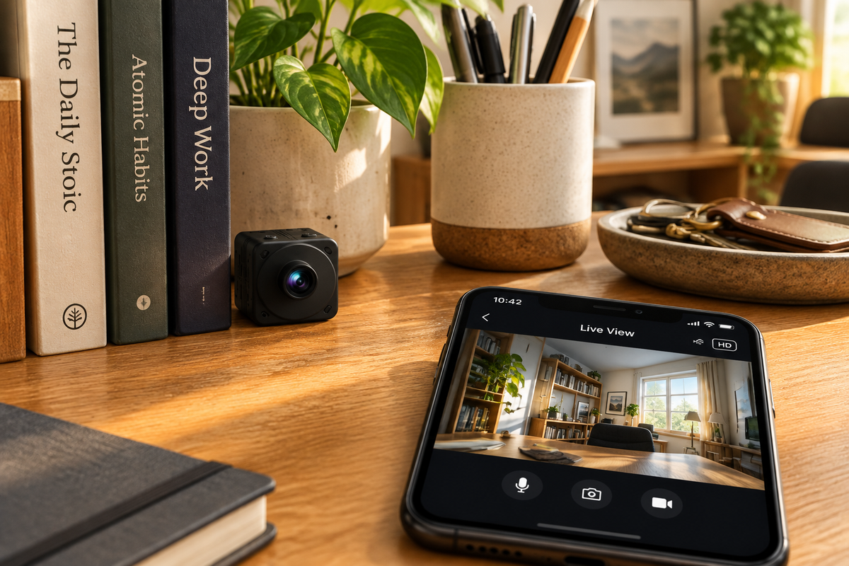 Tiny black cube R89 WiFi spy camera hidden on a desk among books with smartphone showing live feed