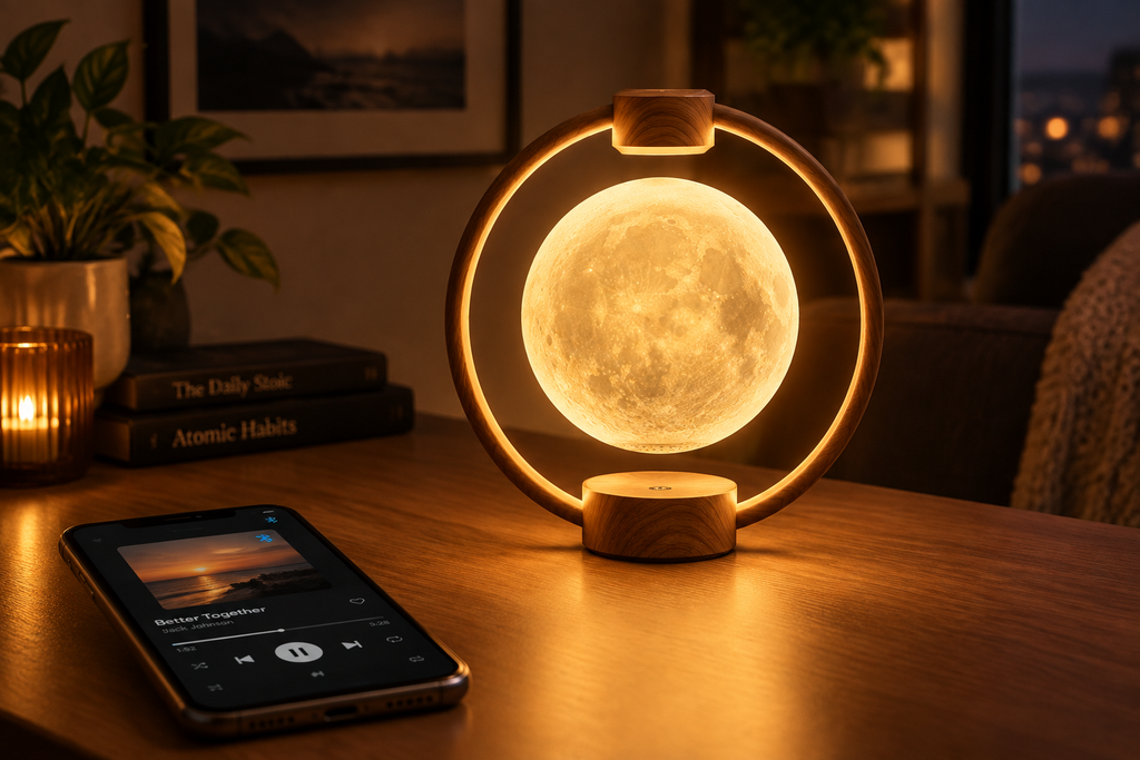 Magnetic levitation moon speaker with warm wood ring frame and glowing 3D moon sphere floating on a modern desk