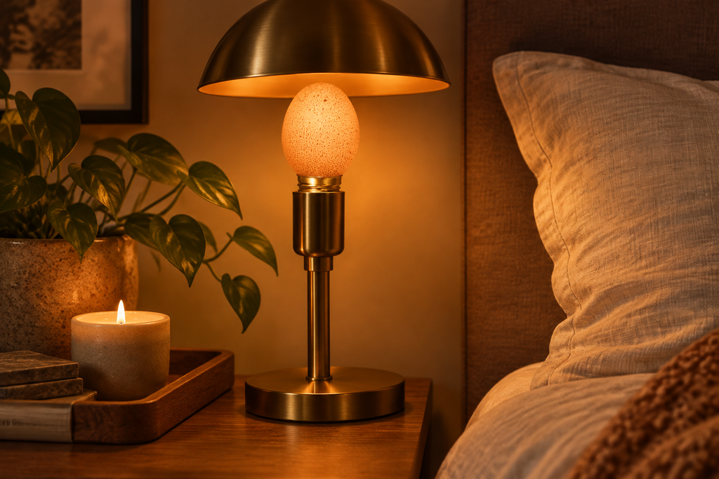Brown eggshell light bulb casting warm amber glow in a cozy bedroom with linen pillow, plant and wooden tray