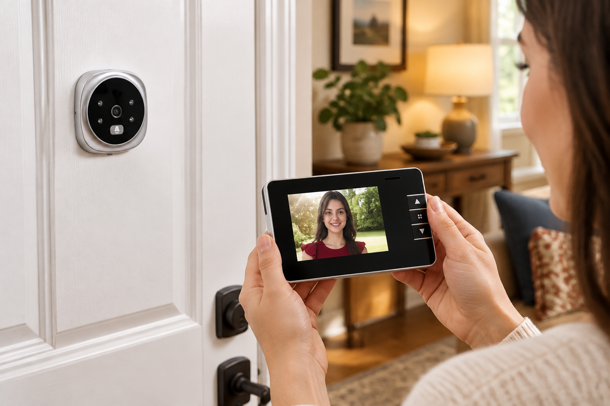 Smart digital peephole door viewer installed on front door with indoor monitor showing visitor