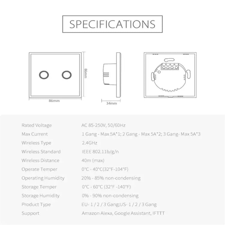 NEO Smart WiFi Light Switch | 2-Gang Touch Panel, EU, Tuya/Smart Life App, 2.4GHz