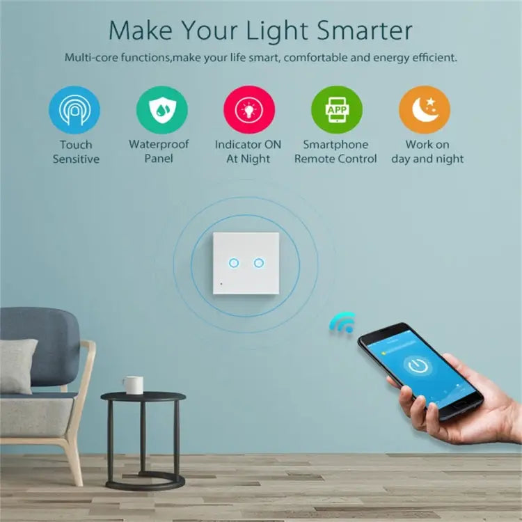 NEO Smart WiFi Light Switch | 2-Gang Touch Panel, EU, Tuya/Smart Life App, 2.4GHz